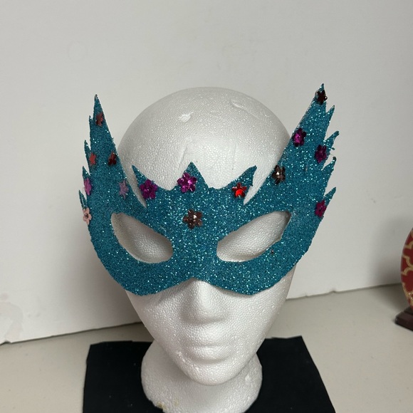 Glittered Turquoise Masquerade Face Mask - Picture 8 of 9